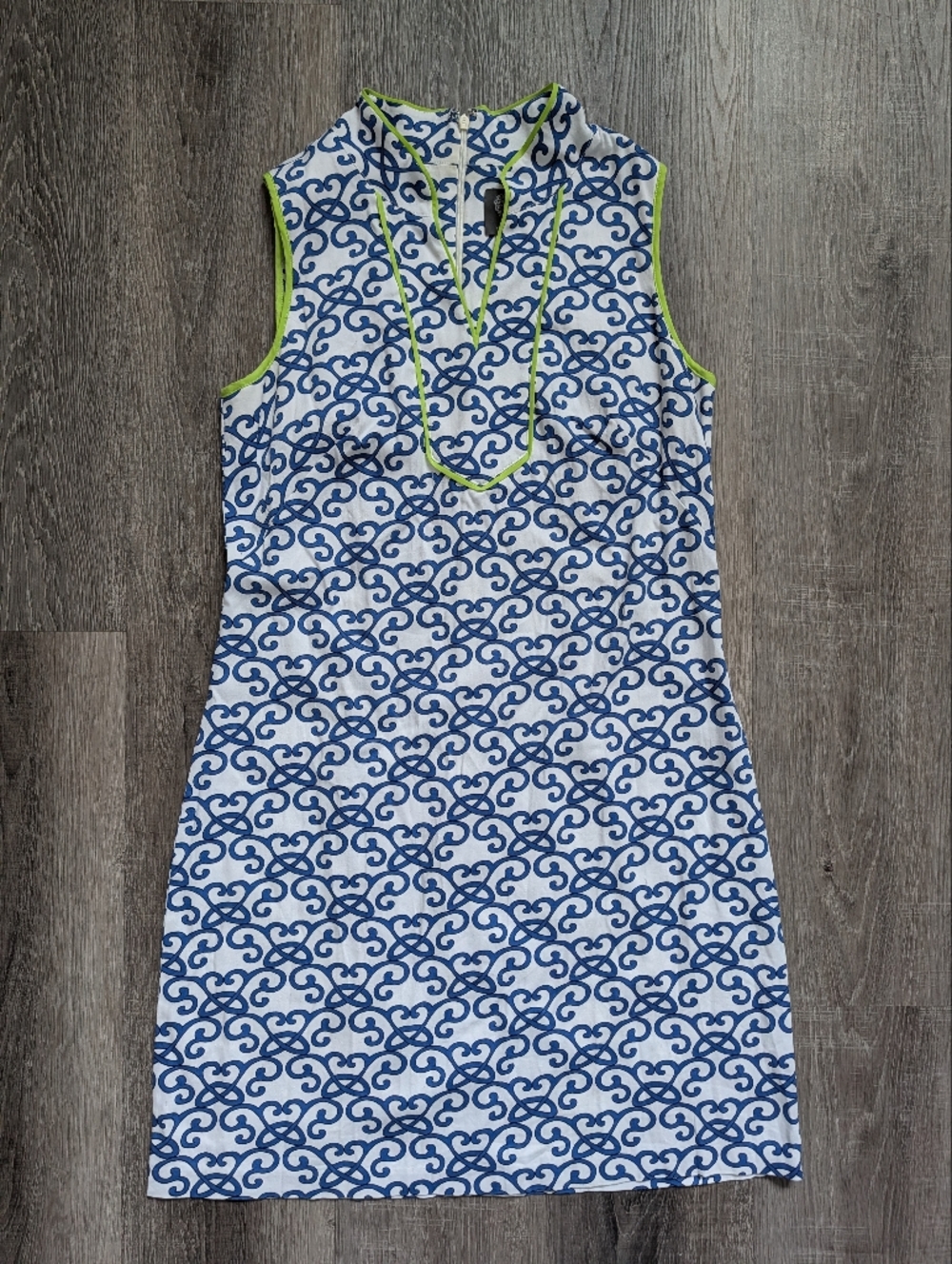 Vince Camuto Dress Womens Size 8 Blue White Print Sleeveless Shift Neon Trim